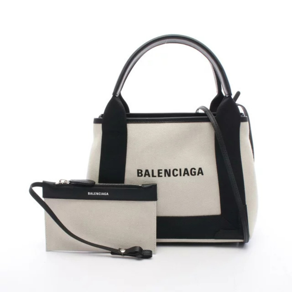 Balenciaga Navy Blue Cabas Handbag Canvas Leather Ivory White Black